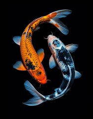 Beautifully Stylized and Illustrated Koi Fish Swimming After Each Other. Generative AI.
