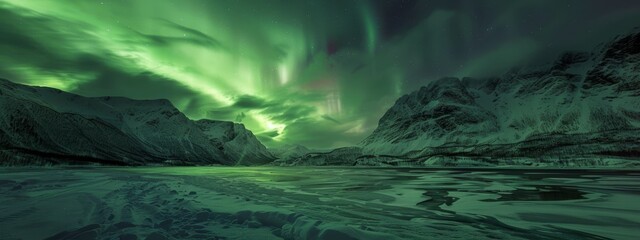beautiful northern lights (aurora borealis) in a scandinavian nordic country. forest and snow mountains and a lake. 8:3 panorama wide wallpaper background - obrazy, fototapety, plakaty