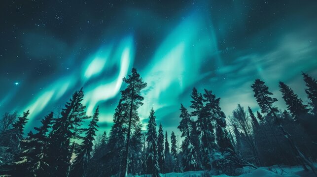 beautiful northern lights (aurora borealis) in a scandinavian nordic country. forest and snow mountains and a lake. 16:9 wallpaper background
