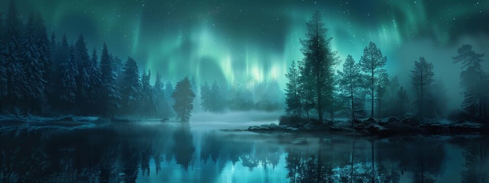 beautiful northern lights (aurora borealis) in a scandinavian nordic country. forest and snow mountains and a lake. 8:3 panorama wide wallpaper background