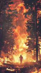 a frieghtend man is running from an enormous forest fire on a forest filled island