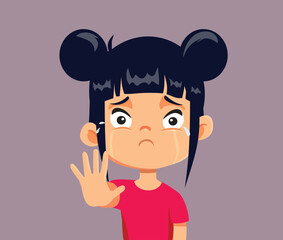 Unhappy Girl Making Halt Stop Gesture with Hand Vector Illustration. Stressed child facing hate and bullying saying no more
