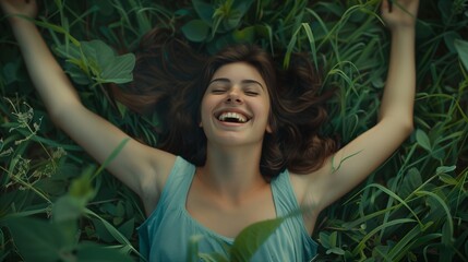 Young happy woman laughing in a bed of grass with arms outstretched