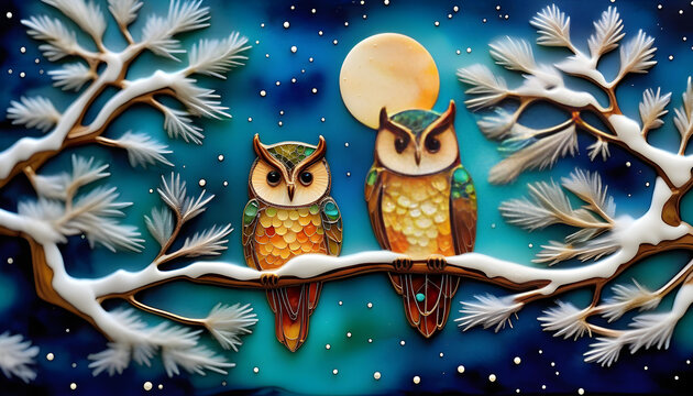 An abstract painting with a winter theme featuring an owl