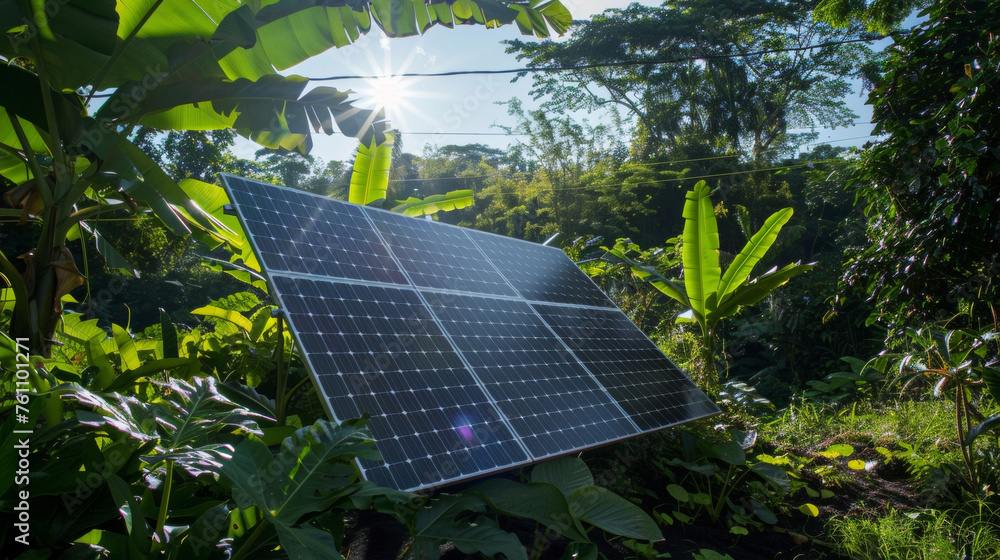 Poster against a backdrop of lush green foliage a solar panel array stands tall and gleaming in the sunligh