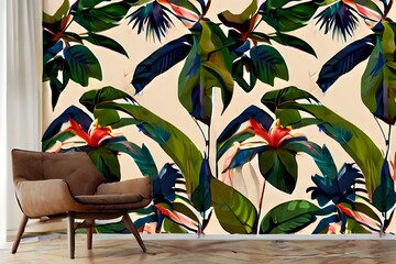 tropical leaves on high stems on a beige background, photo wallpaper, graphic drawing, wallpaper for a room or home interior Generative AI