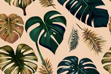 Fototapeta na wymiar tropical leaves on high stems on a beige background, photo wallpaper, graphic drawing, wallpaper for a room or home interior Generative AI