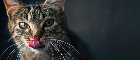 Feline Flicker, side view of a domestic cat, the sleek curvature of its whiskers, and a playful tongue mid-lick. The focused eyes, tactile details evoke a sense of immediate presence and personality. - obrazy, fototapety, plakaty