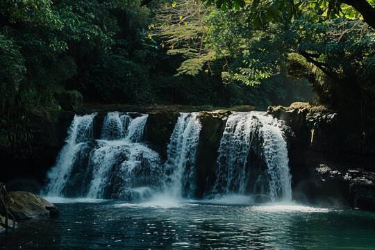 Escape to the tranquil beauty of a cascading waterfall hidden deep within a lush jungle with a nature background, where the sounds of rushing water soothe the soul, Generative AI