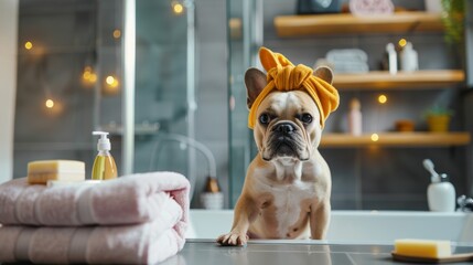 French Bulldog with yellow headband, paws on counter, bathroom, towels, toiletries.