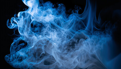 Abstract blue smoke moves on black background. Beautiful swirling blue smoke. Mockup for your logo. Wide angle horizontal wallpaper or web banner.