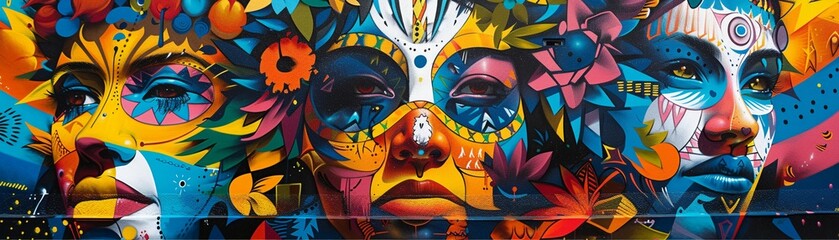 The colorful mural tells a powerful cultural story, with various symbols and vibrant contrasting colors
