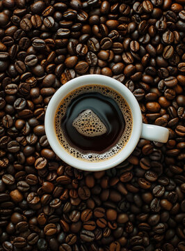 Close-up view of roasted coffee beans and a cup of brewed coffee