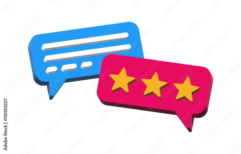 Leinwandbilder 3d chat message speech bubble icon and review rating with stars in 3d speech bubble . customer service feedback concept social media and network online communication background. vector illustration