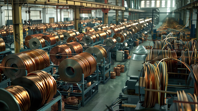 a production facility for wires in which numerous and various copper and steel coils are stored hyperrealistic as shown in a company brochure