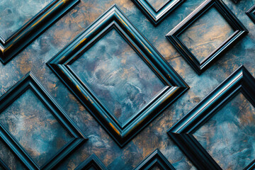 Many diagonal empty picture frames in different sizes hanging on a vintage wall, blank frame background