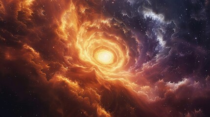 Enchanted nebula with stars, fantasy clouds swirl, radiant light, panoramic view