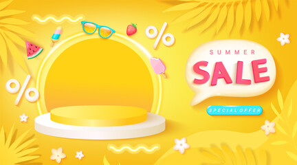Summer sale banner,3d podium with round neon lighting for display new products,promo poster with stage,tropical leaves, summer symbols. Sale banner with 3d speech bubble,ad template for design. Vector