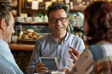 Real estate broker, talking to colleagues at a coffee shop as he shows them information on his iPad