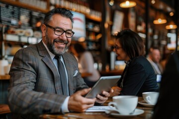 Real estate broker, talking to colleagues at a coffee shop as he shows them information on his iPad
