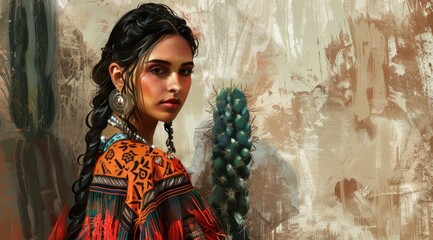 Mexican american young woman in a outfit with a dry background. - obrazy, fototapety, plakaty