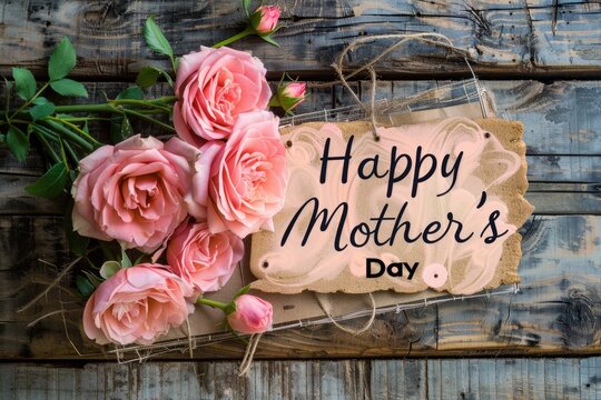 Happy Mother's day with pink roses over rustic wood background