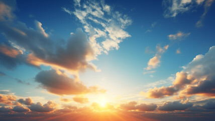 Naklejka na ściany i meble Beautiful blue summer sky with bright sun at sunset