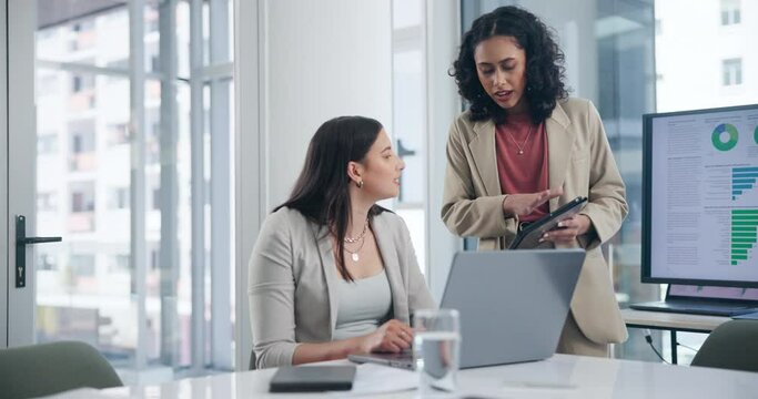 Business woman, data analytics and team with tablet for analysis, statistics or discussion on corporate growth at office. Female person or employees on technology in planning or strategy at workplace