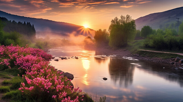 Spring sunrise along the river nature