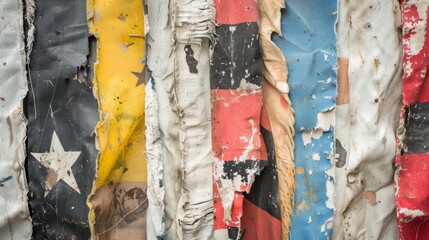 A of worn and tattered nautical flags each one representing a different message or warning to other...