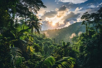 Discover the hidden wonders of a tropical rainforest with a nature background, teeming with vibrant flora and fauna amidst towering trees, Generative AI - obrazy, fototapety, plakaty