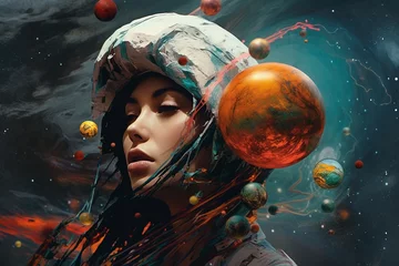 Rolgordijnen Abstract fine-art and pop-art illustration colorful collage of woman in surreal and abstract cosmic background. Surreal and minimalist looking illustrative art with many details and patterns © Rytis