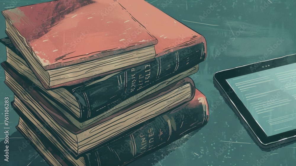 Poster a closeup of a stack of dusty textbooks from the past p next to a tablet with digital textbooks down