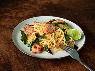 spaghetti with basil and Naem, Thai sour sausage