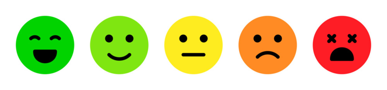 Feedback emoticons rating emojis. Smiley icon set , happy, neutral, sad, emoji, flat icon - Customer satisfaction rating scale with good and bad emotions. Vector illustration	