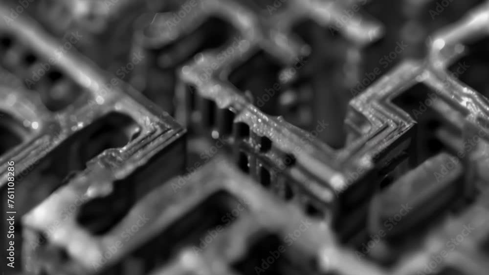Poster an extreme closeup of a small section of a waveguide showing the intricate network of tubes and chan