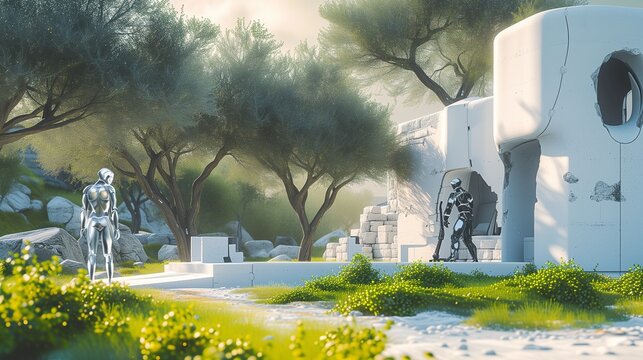 A futuristic Greek island residence with whitewashed walls, AI-controlled olive groves, and holographic ancient ruins in the backyard. - Powered by Adobe