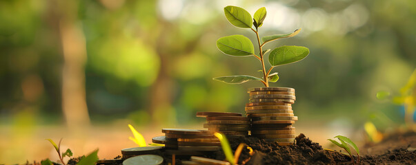Investment Growth Concept with Plant and Coins - obrazy, fototapety, plakaty