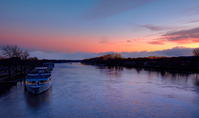 Boats on Rhone River at sunset - Avignon,  France