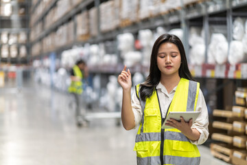 Female engineer is handling shipping and checking stock inventory in the warehouse with a tablet, industry, import-export, inventory management, logistics, global transportation at warehouse, business