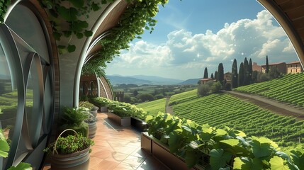 An ultra retro-futuristic vineyard villa