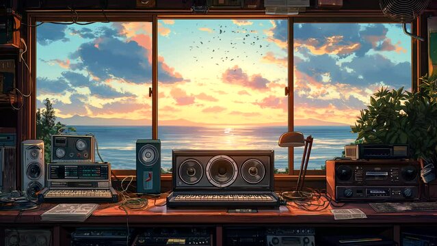 Radio studio with ocean view at sunset from the window, for Lofi music background. seamless looping 4k time-lapse animation video background