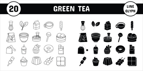Green Tea Line Glyph Vector Illustration Icon Sticker Set Design Materials