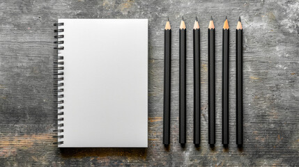 first half of the image is empty, the image is on the second background flat lay is Neatly arranged sketchbooks of varying sizes alongside a set of professional-grade pencils, showcasing the versatili
