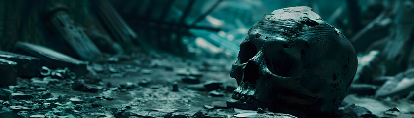 Cinematic Ancient Skull Remains in War-Torn Nocturnal Landscape - obrazy, fototapety, plakaty