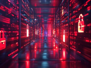 Data Center's Intense Security Protocols Symbolized by Glowing Red Padlocks and Digital Streams