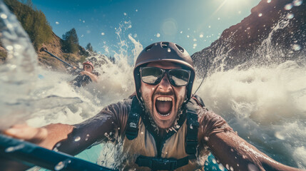 Whitewater rafting, Rapids adventure, Splashing moments, Teamwork visuals, River escapades, Paddle and gear, Canyon settings, High-energy shots, Adrenaline rush, Scenic waterways - obrazy, fototapety, plakaty