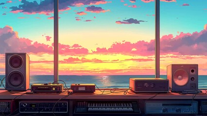Radio studio with ocean view at sunset from the window, for Lofi music background. seamless looping 4k time-lapse animation video background