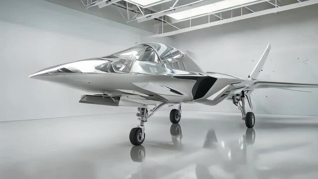 a silver jet on a white floor. Generative AI