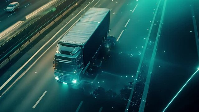 A double exposure, an overhead view of a highway with trucks driving on it, an illustration of smart logistics with a world map with dots and lines. Generative AI